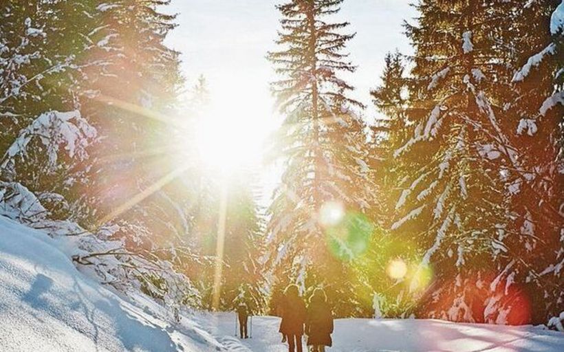 Promenade dans la neige au coucher du soleil